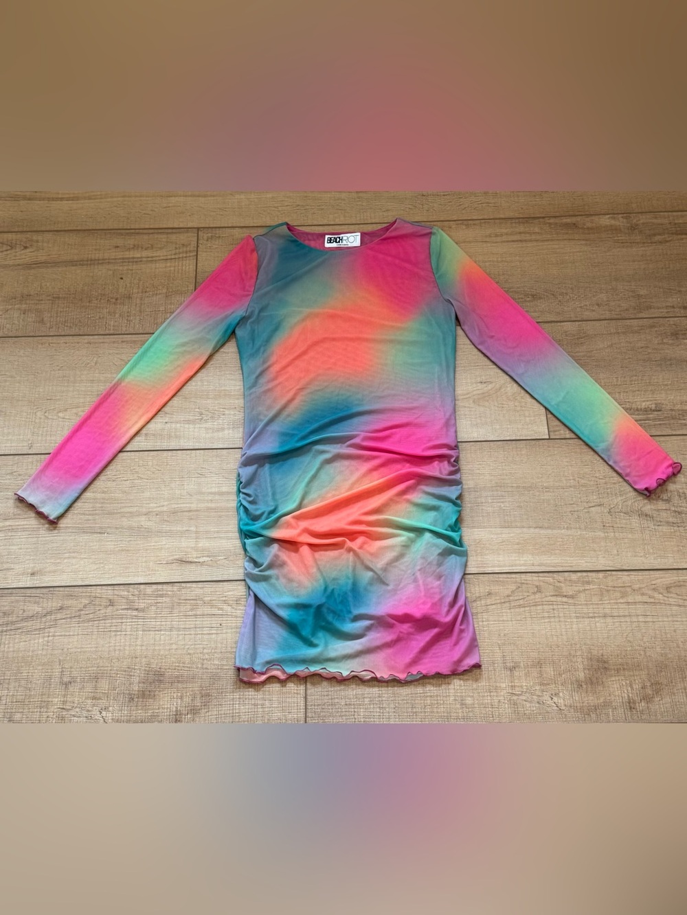 Beach Riot Multicolor Ombre Ruched Bodycon Dress Ruffles Hem Size Small